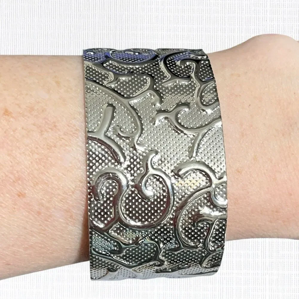 HOB Textured Cuff Bracelet Vines Scrollwork Silver Tone Stainless Steel Wide